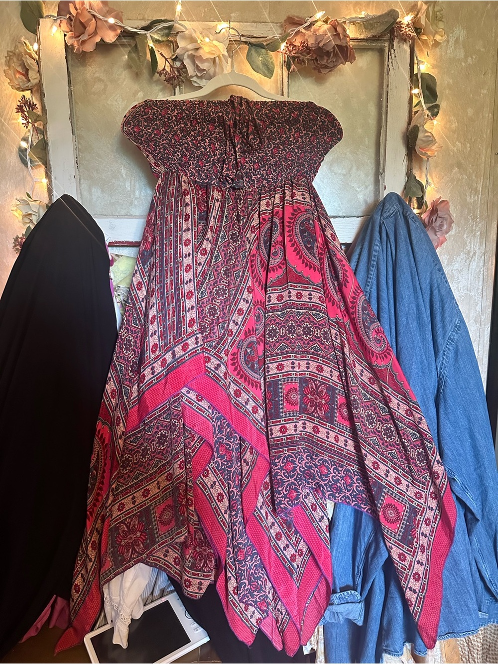 India Boutique Red, Pink, Navy Smocked Boho Strapless Dress